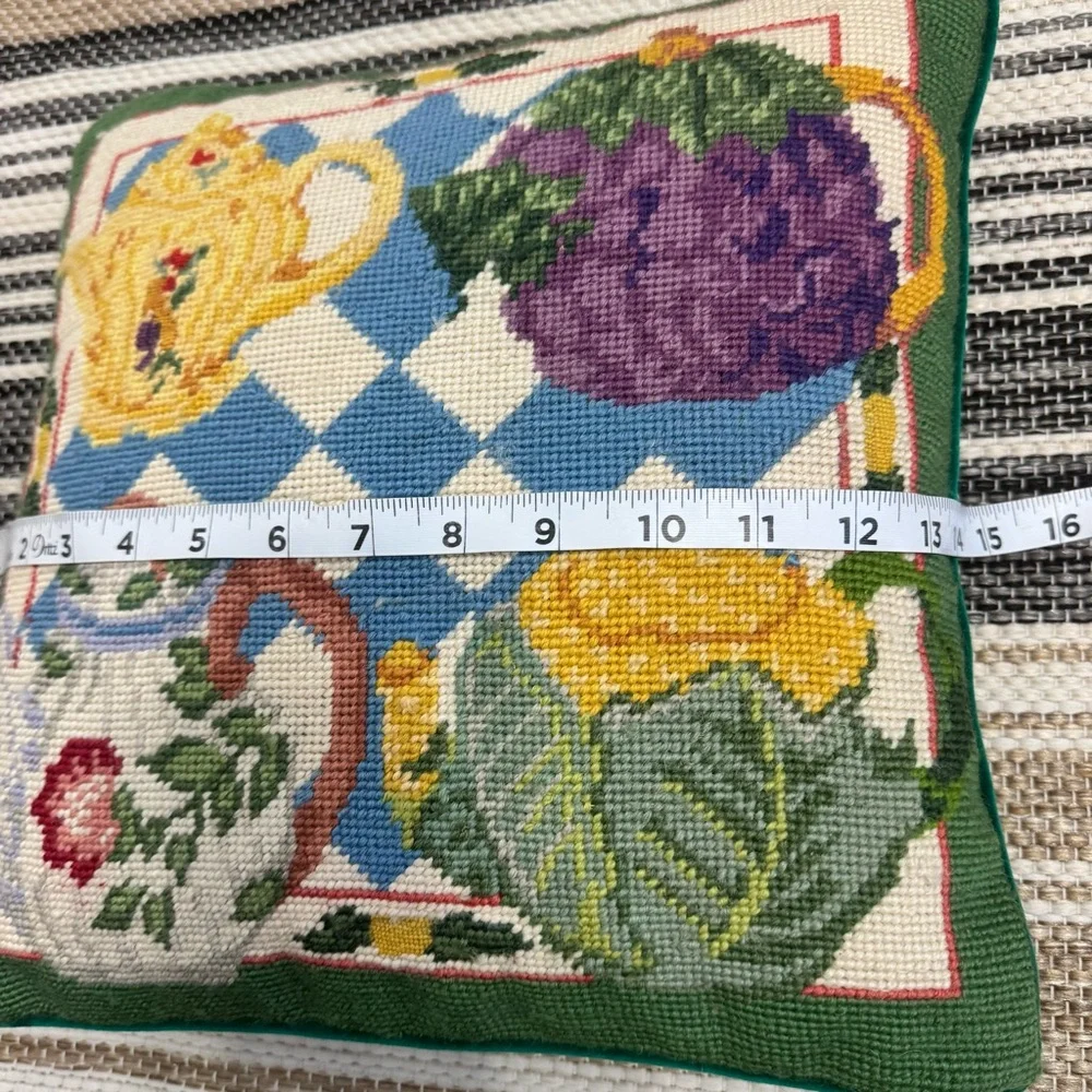 Vintage Wool‎ Needlepoint Multicolor Throw Pillow Teapot Collection